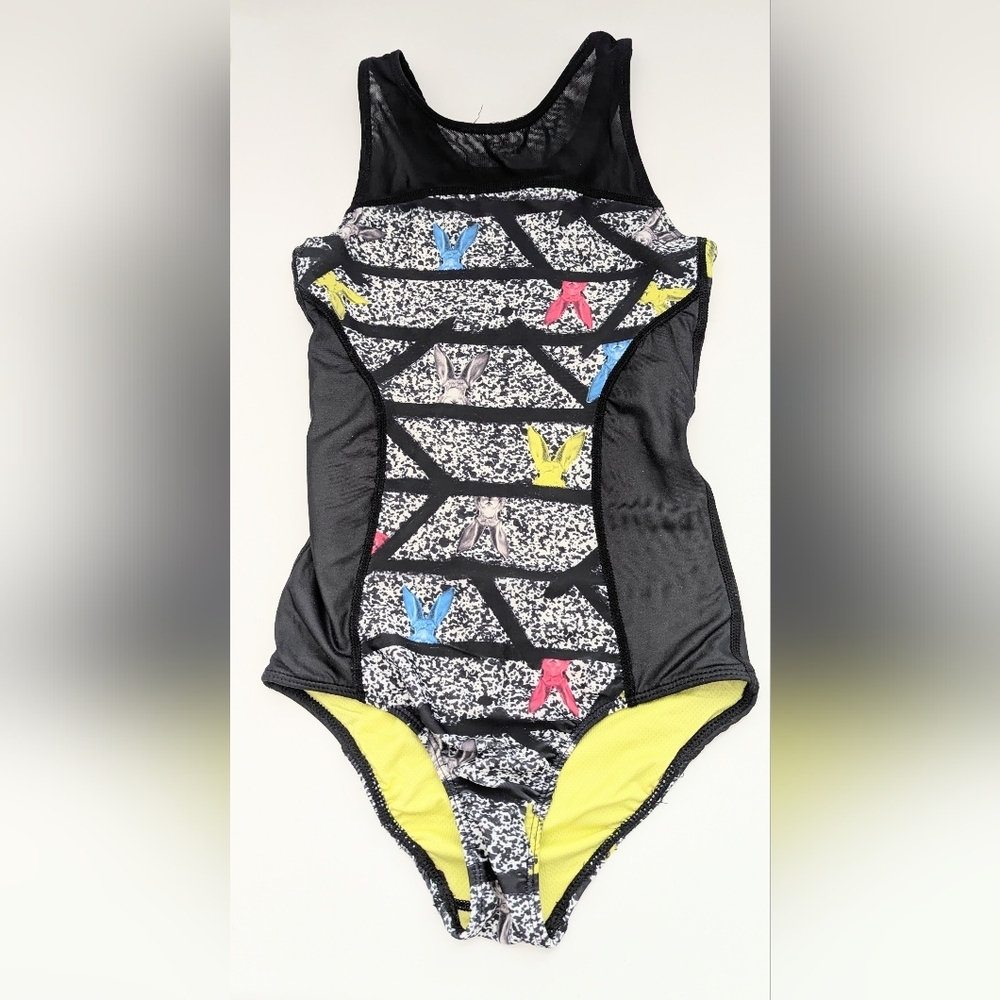 Girls' (Size 7-8) One-Piece Colorful Bunny Print Racerback Swim/Bathing Suit